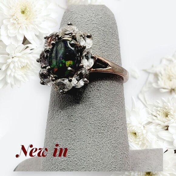 NWOT Sterling Silver Black Fire Opal Ring With Cluster Topaz Jewelry Gift - Picture 4 of 14